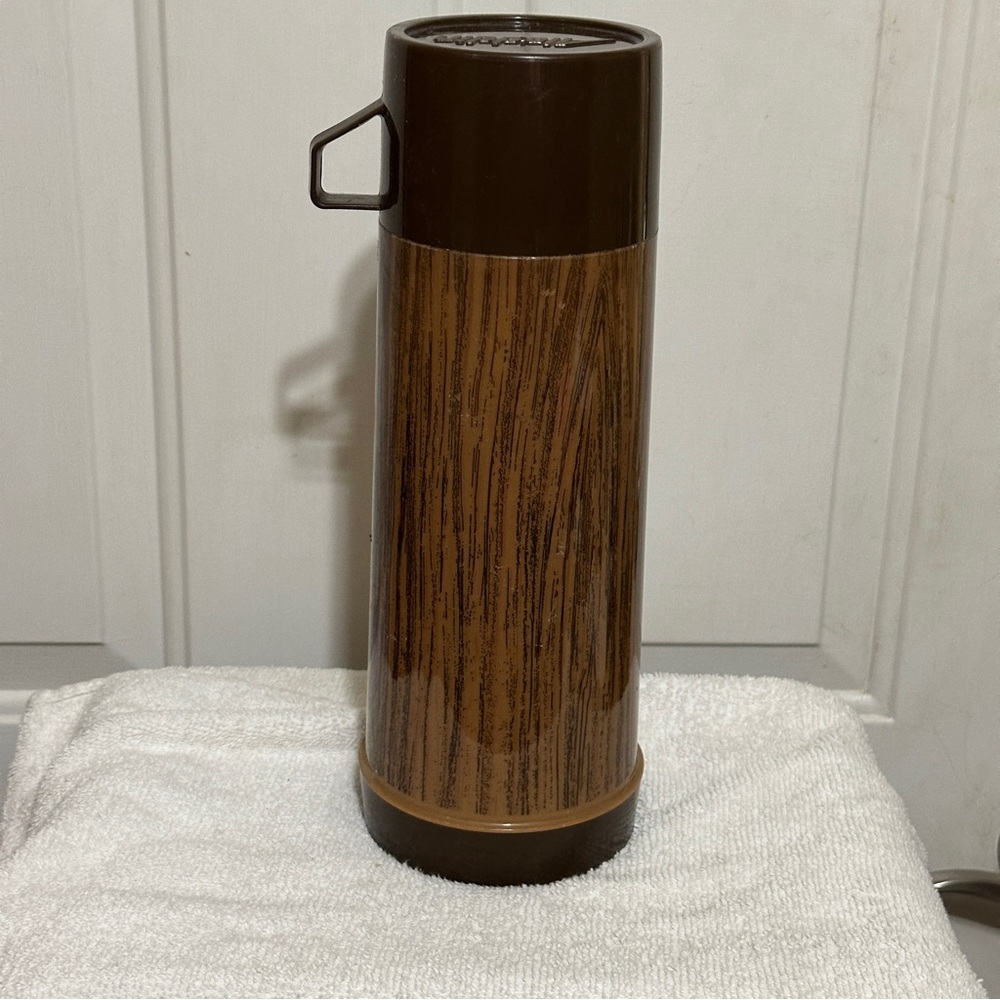 Vintage Aladdin Insulated Thermos Flask Brown Wood Look‎ Mug 1 Quart MCM *READ*